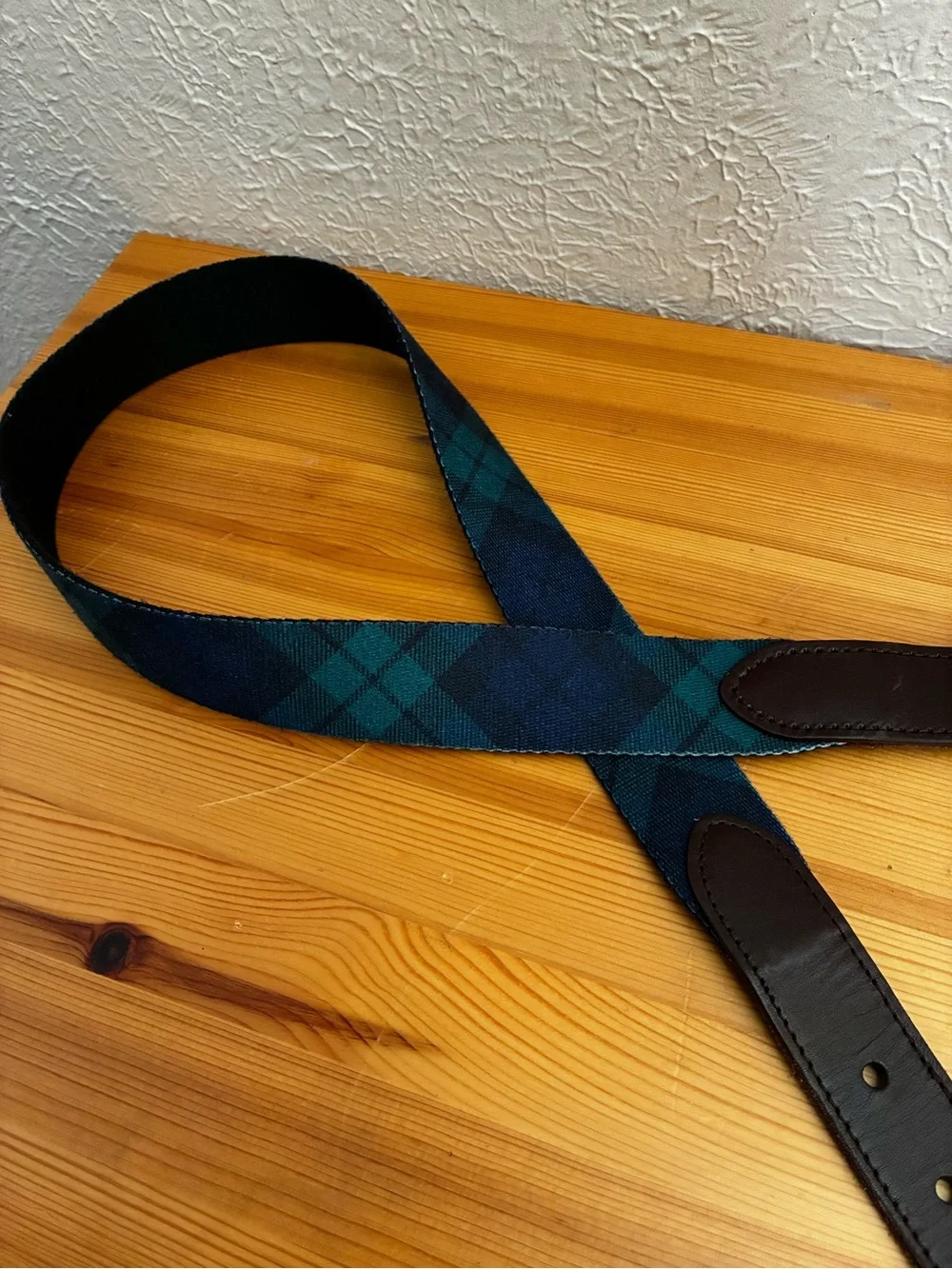 Vineyard Vines Navy & Green Plaid Canvas Belt with Brown Leather